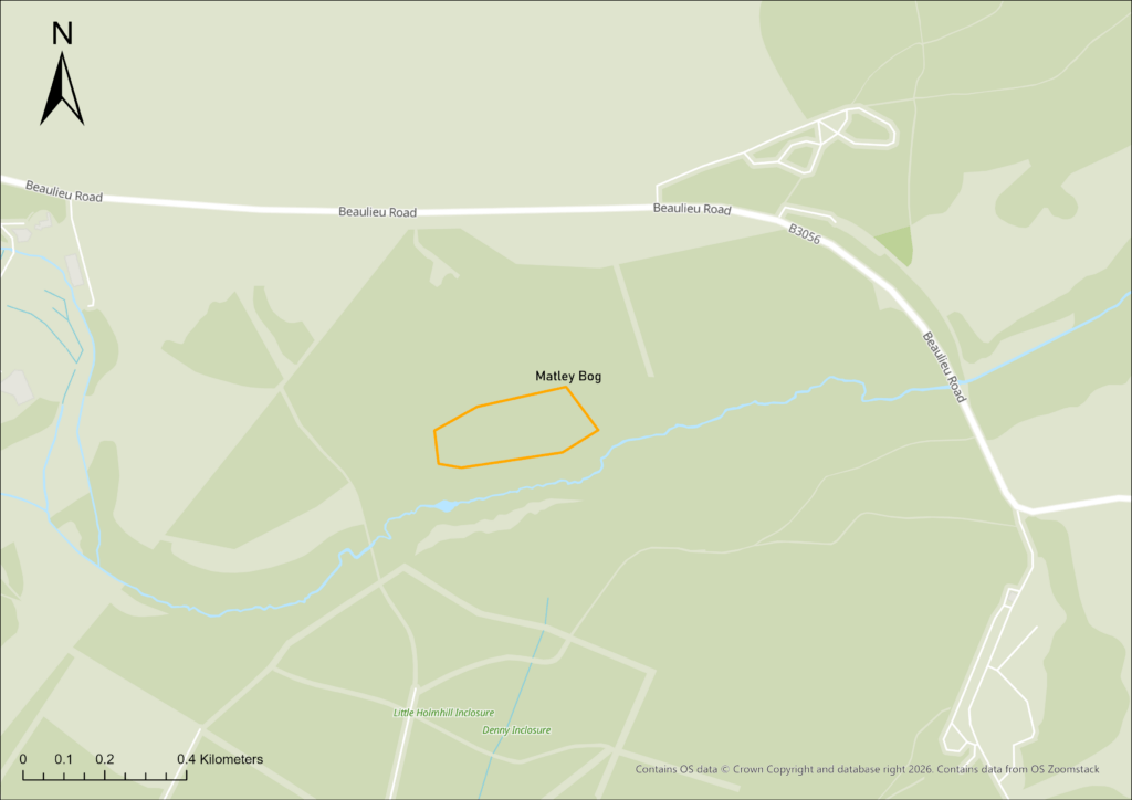 Map showing Matley Bog outlined in orange near Beaulieu Road and the B3056, with a stream running east–west nearby
