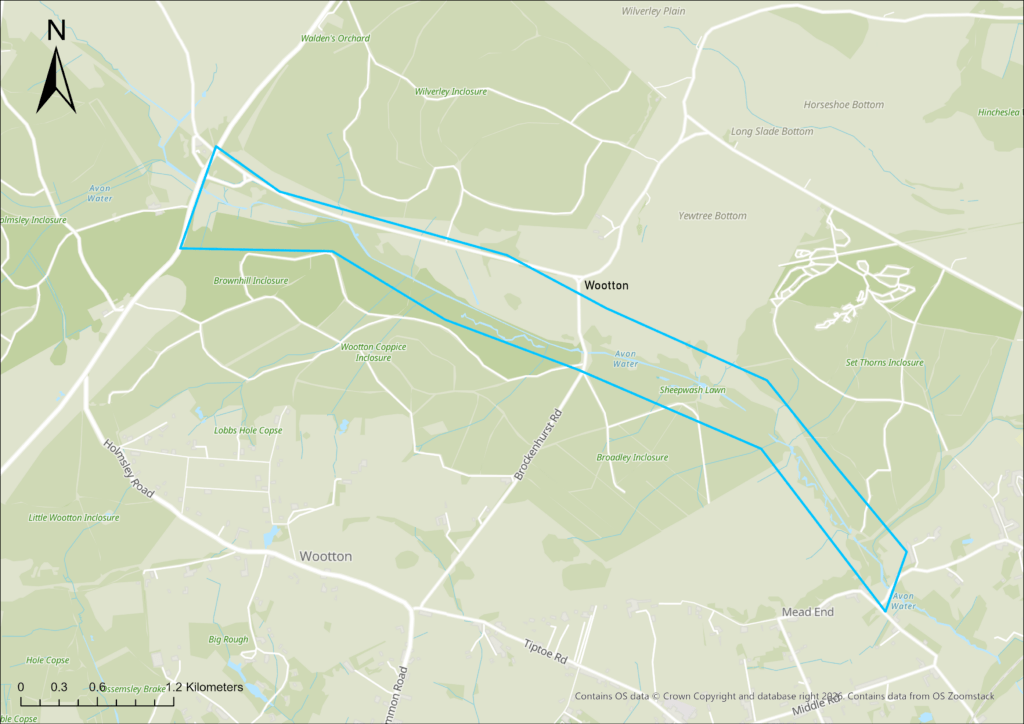 Map of Wootton HLS restoration site along Avon Water from Wootton to Mead End, outlined in blue with north arrow and scale bar